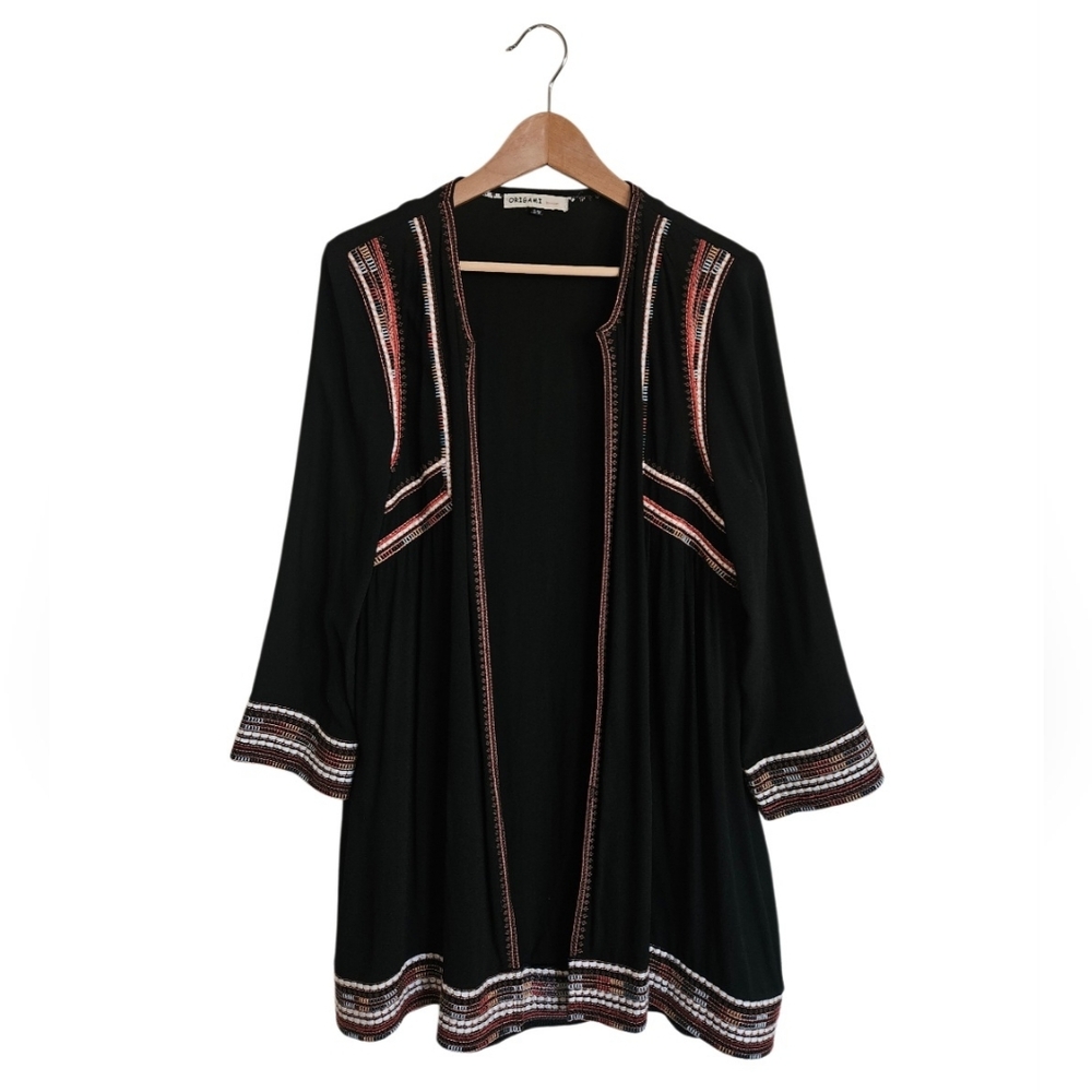 Oragami by Vivian Bohemian Black Open-Front Embriodered Trim Cardigan Size S/M